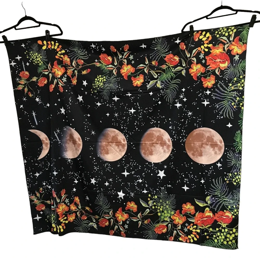 Moon Phase Floral Tapestry Celestial Starry Night Wall Hanging 51x59 Black